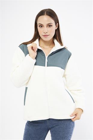 Beyaz Hybrid Fermuarlı Sherpa Hırka - Auro