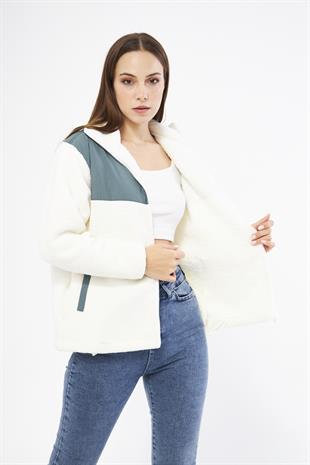 Beyaz Hybrid Fermuarlı Sherpa Hırka - Auro