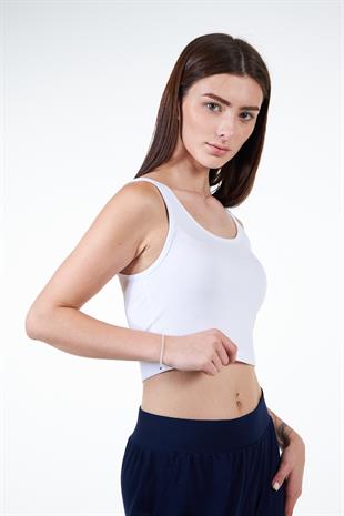 Beyaz Kadın Askılı Crop Atlet Tshirt- Feeled
