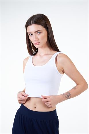 Beyaz Kadın Askılı Crop Atlet Tshirt- Feeled
