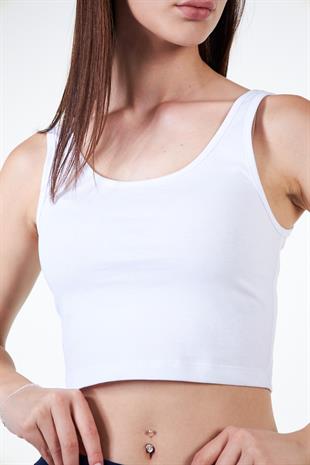 Beyaz Kadın Askılı Crop Atlet Tshirt- Feeled