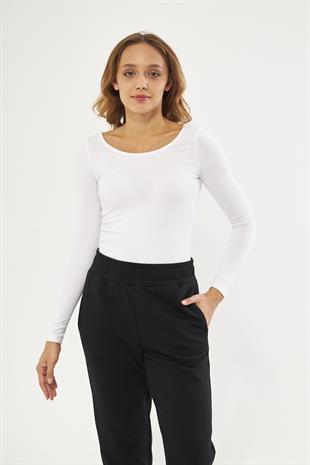 Beyaz Kadın Basic Açık Yaka Uzun Kollu Bluz - Soma