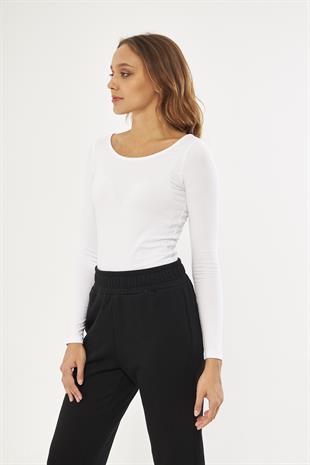 Beyaz Kadın Basic Açık Yaka Uzun Kollu Bluz - Soma