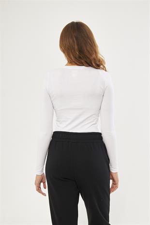 Beyaz Kadın Basic Yuvarlak Yaka Uzun Kollu Bluz - Floris