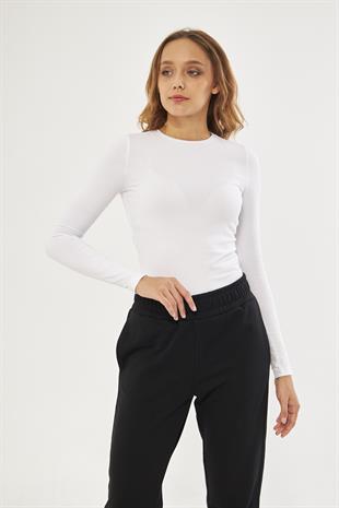 Beyaz Kadın Basic Yuvarlak Yaka Uzun Kollu Bluz - Floris