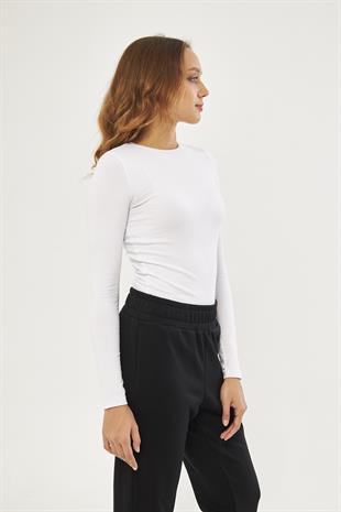 Beyaz Kadın Basic Yuvarlak Yaka Uzun Kollu Bluz - Floris