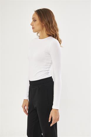 Beyaz Kadın Basic Yuvarlak Yaka Uzun Kollu Bluz - Floris