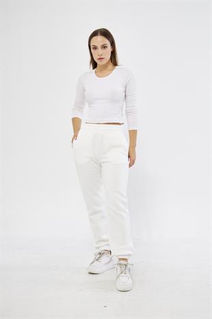 Beyaz Kadın Lastik Paçalı Jogger Şardonlu Eşofman Altı - Karmena