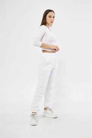Beyaz Kadın Lastik Paçalı Jogger Şardonlu Eşofman Altı - Karmena