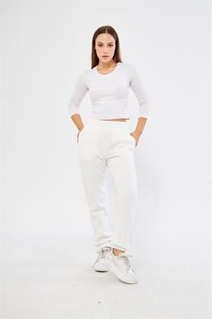 Beyaz Kadın Lastik Paçalı Jogger Şardonlu Eşofman Altı - Karmena