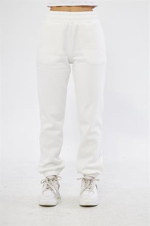 Beyaz Kadın Lastik Paçalı Jogger Şardonlu Eşofman Altı - Karmena