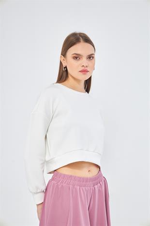 Beyaz Kadın Uzun Kollu Crop Sweatshirt - Gobi
