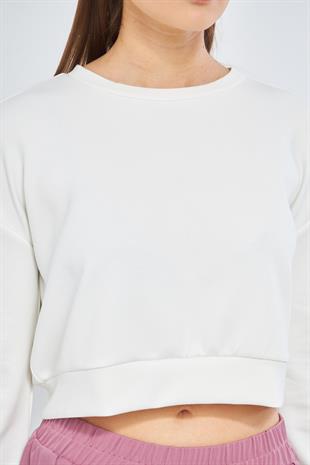 Beyaz Kadın Uzun Kollu Crop Sweatshirt - Gobi
