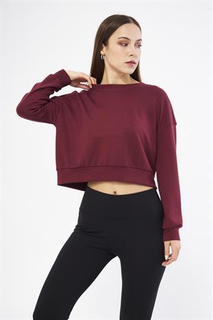 Bordo Kadın Uzun Kollu Crop Sweatshirt - Gobi