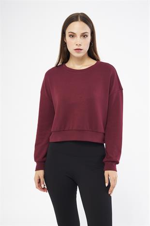 Bordo Kadın Uzun Kollu Crop Sweatshirt - Gobi