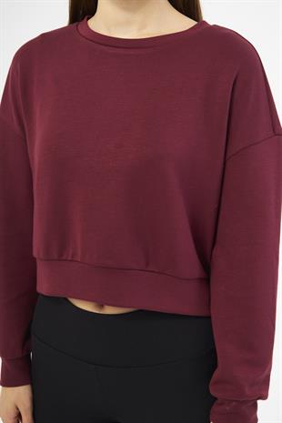 Bordo Kadın Uzun Kollu Crop Sweatshirt - Gobi