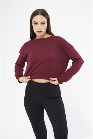 Bordo Kadın Uzun Kollu Crop Sweatshirt - Gobi