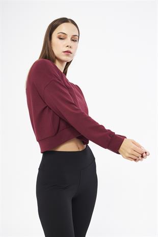 Bordo Kadın Uzun Kollu Crop Sweatshirt - Gobi