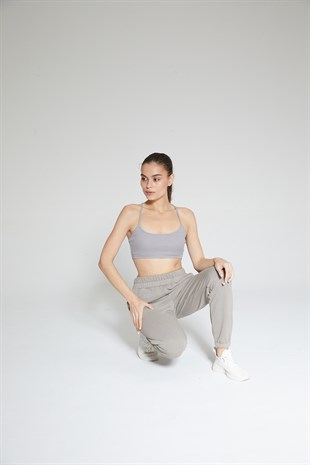 Gri Kadın Fitilli Askılı Spor Sütyeni Bra - Lara