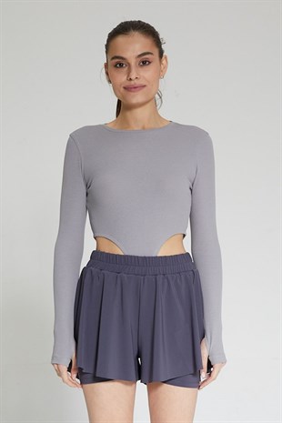 Gri Kadın Fitilli Bel Dekolteli Parmak Detaylı Bodysuit - Ren