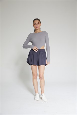 Gri Kadın Fitilli Bel Dekolteli Parmak Detaylı Bodysuit - Ren