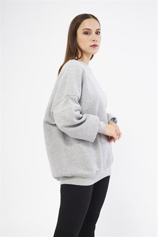 Gri Kadın Oversize Sırt Fermuarlı Sweatshirt - Fame