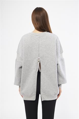 Gri Kadın Oversize Sırt Fermuarlı Sweatshirt - Fame