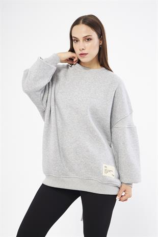 Gri Kadın Oversize Sırt Fermuarlı Sweatshirt - Fame