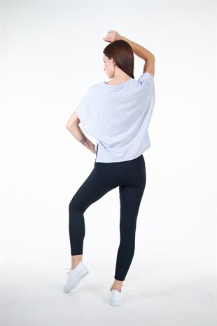 Gri Kadın Yırtmaç Detaylı Oversize Geniş Kalıp Bağlamalı Crop T-shirt - Frima