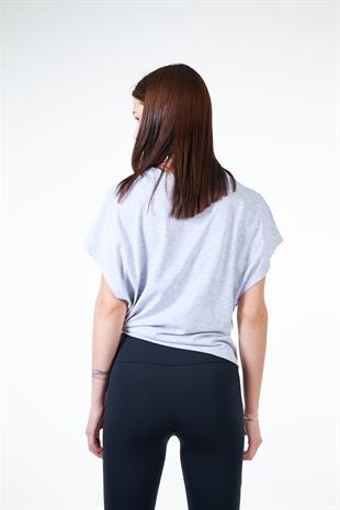 Gri Kadın Yırtmaç Detaylı Oversize Geniş Kalıp Bağlamalı Crop T-shirt - Frima