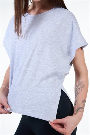 Gri Kadın Yırtmaç Detaylı Oversize Geniş Kalıp Bağlamalı Crop T-shirt - Frima