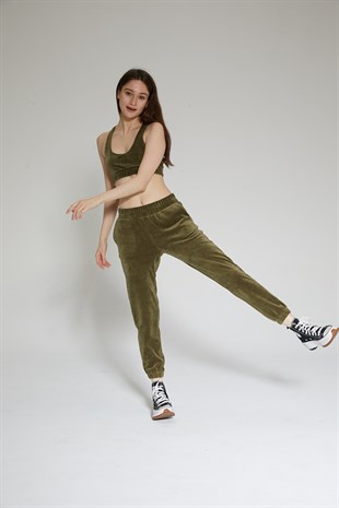 Haki Kadın Kadife Jogger Pantolon - Vale