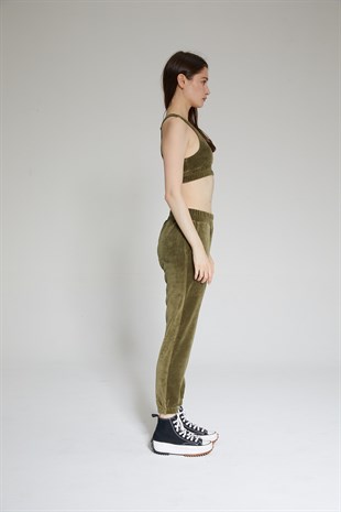 Haki Kadın Kadife Jogger Pantolon - Vale
