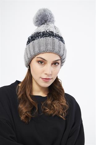 İçi Polarlı Desenli Ponponlu Kadın Bere Gri