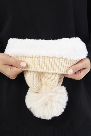 İçi Polarlı Örgülü Ponponlu Kadın Bere Bej