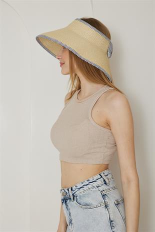 Kadın Bej Fiyonklu Üstü Açık Hasır Şapka - Jolie
