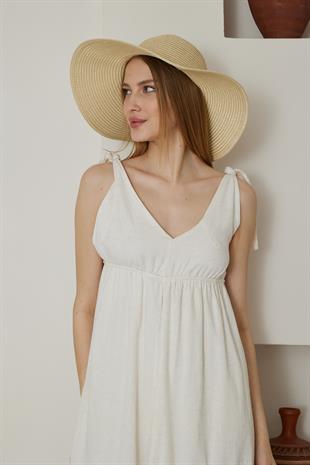 Kadın Bej Geniş Hasır Şapka - Bronte