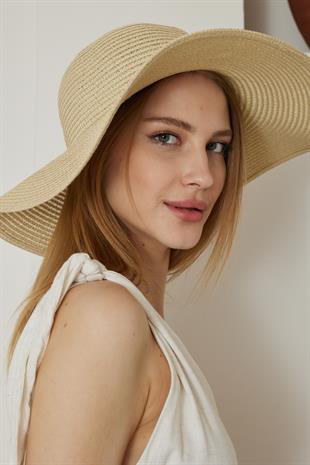 Kadın Bej Geniş Hasır Şapka - Bronte