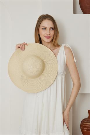 Kadın Bej Geniş Hasır Şapka - Bronte