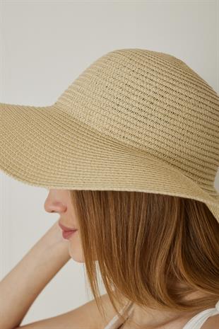 Kadın Bej Geniş Hasır Şapka - Bronte
