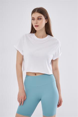 Kadın Beyaz Crop T-shirt - Lila