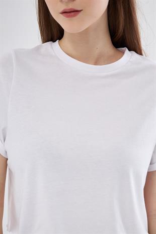Kadın Beyaz Crop T-shirt - Lila