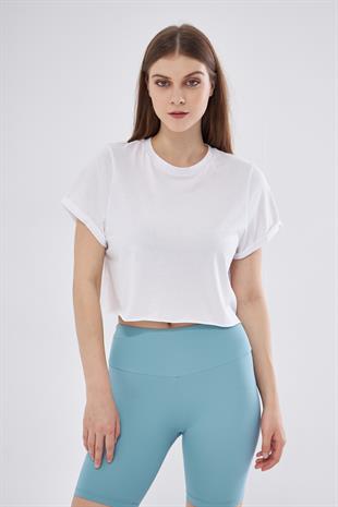 Kadın Beyaz Crop T-shirt - Lila