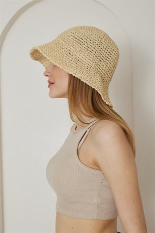 Kadın El Örgüsü Bej Hasır Şapka - Afra