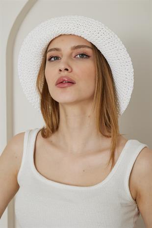 Kadın El Örgüsü Beyaz Hasır Şapka - Afra