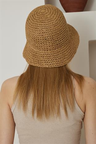 Kadın El Örgüsü Camel Hasır Şapka - Afra