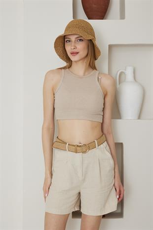 Kadın El Örgüsü Camel Hasır Şapka - Afra