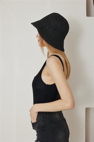 Kadın El Örgüsü Siyah Hasır Şapka - Afra