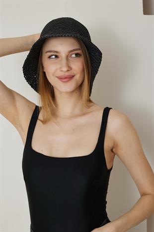 Kadın El Örgüsü Siyah Hasır Şapka - Afra