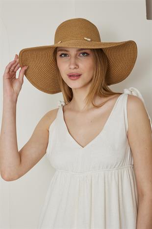 Kadın Geniş Hasır Şapka Deniz Kabuğu Camel - Paye